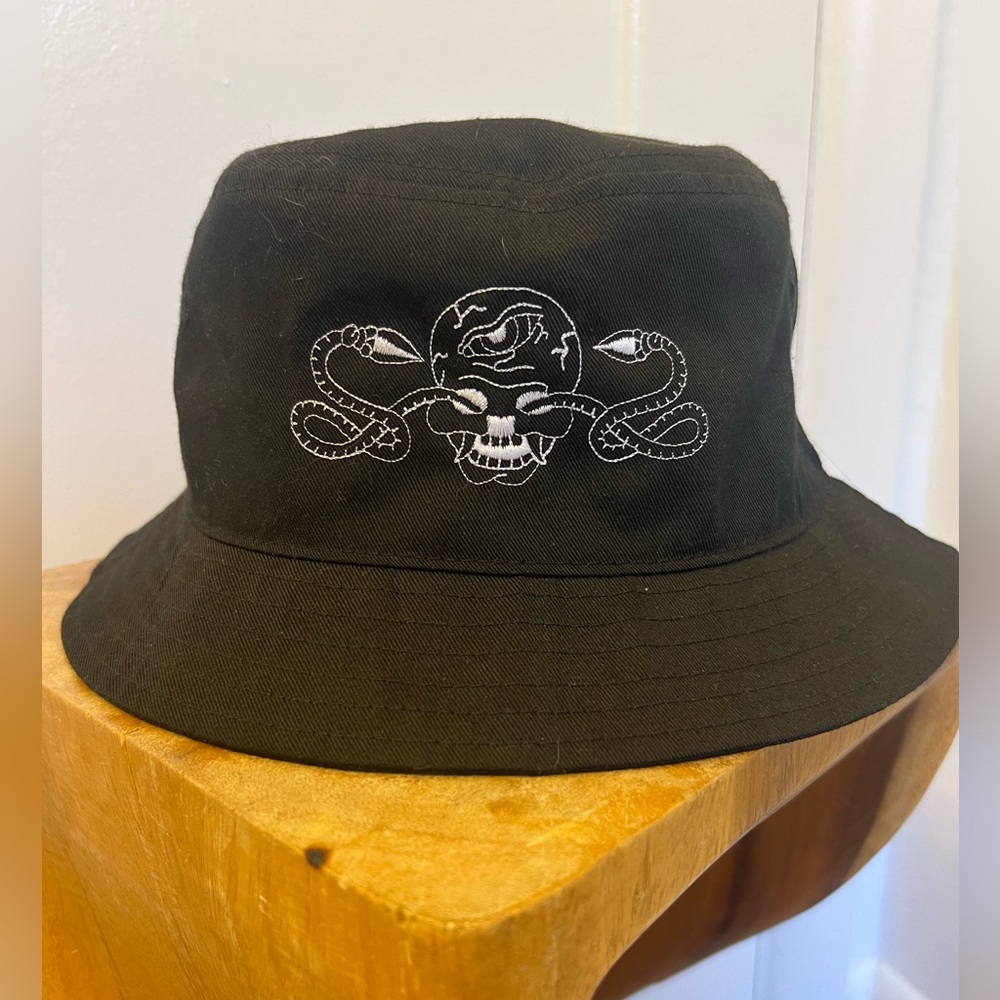 Black Bucket Hat + White Skull Embroidery
